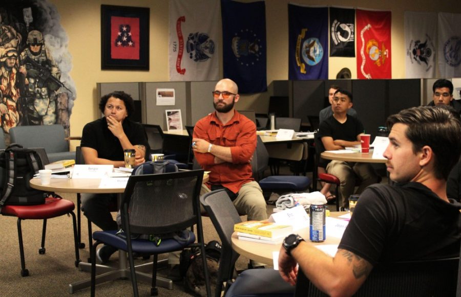  Active duty members and veterans engage in a discussion about emphatic verb use for college assignments July 15 during the Warrior-Scholar Project. The project, aimed at helping members of the military better adapt to college life, runs on campus from July 13 through July 29. 