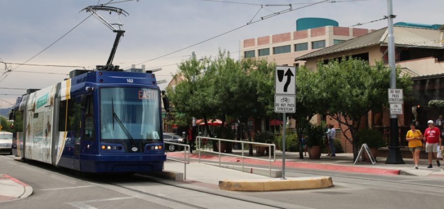 An eastbound Sun Link tram is stopped at the Main Gate Square station on University Boulevard on Friday, July 20, 2018.