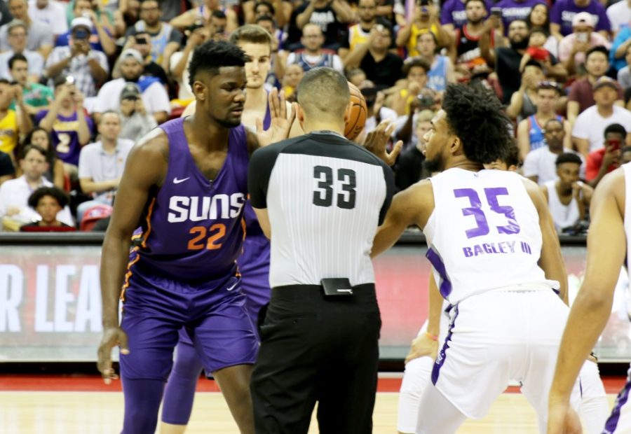Phoenix Suns center Deandre Ayton (22) and Sacramento Kings forward Marvin Bagley III wait for the tip-off at a Summer League game on July 7, 2018 at the Thomas & Mack Center in Las Vegas, Nev.