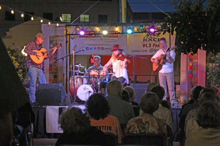 A live jazz concert at Main Gate Square during the Friday night jazz series. This band, similar to Butch Diggs band, performs relaxing music for an eager crowd of locals on University Boulevard.