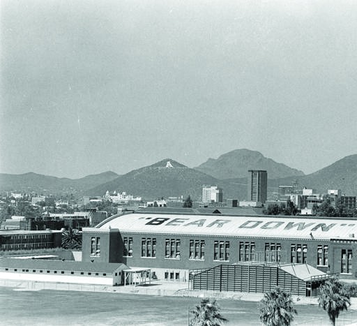 Panoramic view facing southwest from Beardown Gymnasium taken in September 1968. In the background are downtown Tucson, St. Augustine Cathedral and ‘A’ Mountain.
