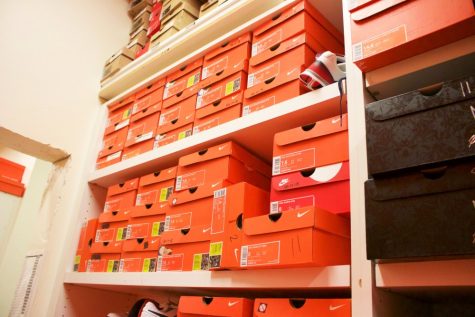 The shoe section in the Arizona Athletics equipment room at McKale Center. The shoes that are distributed are mostly for men's basketball players.