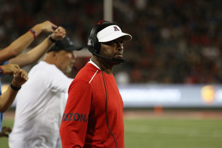 Kevin Sumlin coaches on the sideline during the Arizona v. BYU football game. This is Sumlins first game as head coach. 