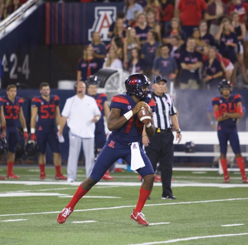 Khalil Tate gets ready to pass the ball during the second quarter of the Southern Utah vs. Arizona football game at the Arizona Stadium on Saturday, Sept. 15. 