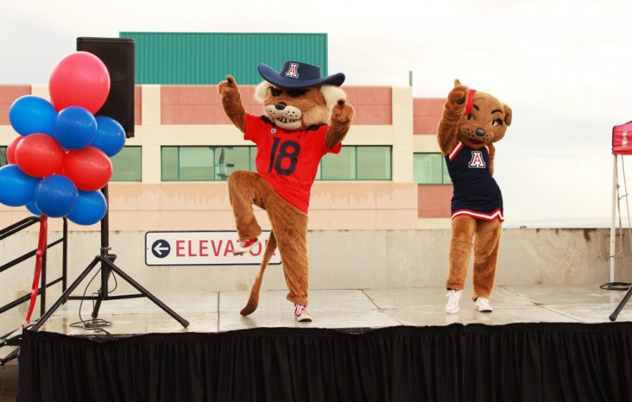 University of Arizona mascots Wilma and Wilbur Wildcat show off their dance moves at the Main Gate Square watch party for the lighting of A mountain on Sunday. The A on Sentinel Peak was constructed in 1916.