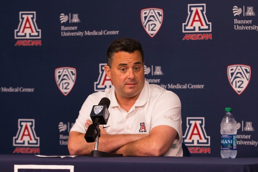 Sean Miller, head coach of UA mens basketball, answers questions during the UA basketball media day on Monday, Oct. 1 at McKale Center in Tucson, Ariz.