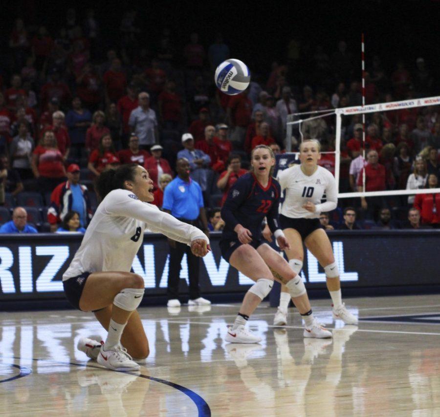 Kendra+Dahlke+%288%29+delivers+a+fierce+hit+to+the+ball.+Arizona+beat+Utah+3-1+on+October+21st.