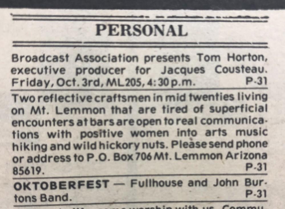 A photo of a personal advertisement placed in The Daily Wildcat by Robert Skarda and his friend on Oct. 3, 1975