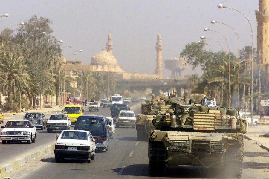 U.S. tanks  patrolling a Baghdad street after the citys fall in 2003 during Operation Iraqi Freedom. Western countries cause Middle Eastern countries   more bloodshed looking for terrorists than terrorists cause in Western countries.