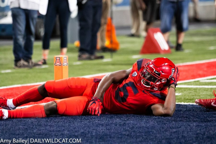 Shun Brown (6) poses in the end zone after successfully score a touchdown during the Arizona-Oregon game on Saturday Oct. 27, 2018 at Arizona Stadium in Tucson, Az. The final score was Arizona 44 and Oregon 15.