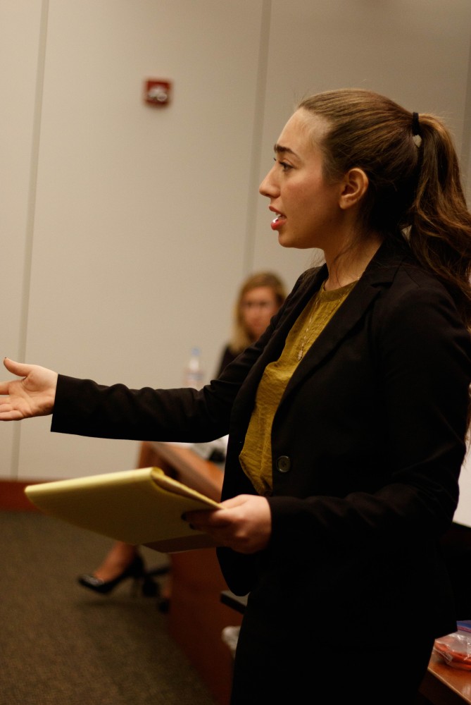 Joanna Jandali of the University of Arizona’s Mock Trial team gives a cross examination of an opposing team’s witness during the Gunslinger Tournament on Nov. 11, 2017 at the Pima County Consolidated Justice Court in Tucson, Ariz. Jandali is currently the UA Mock Trial Tournament Director, meaning that she is in charge of organizing and planning the program’s own competition, the Gunslinger Tournament. 