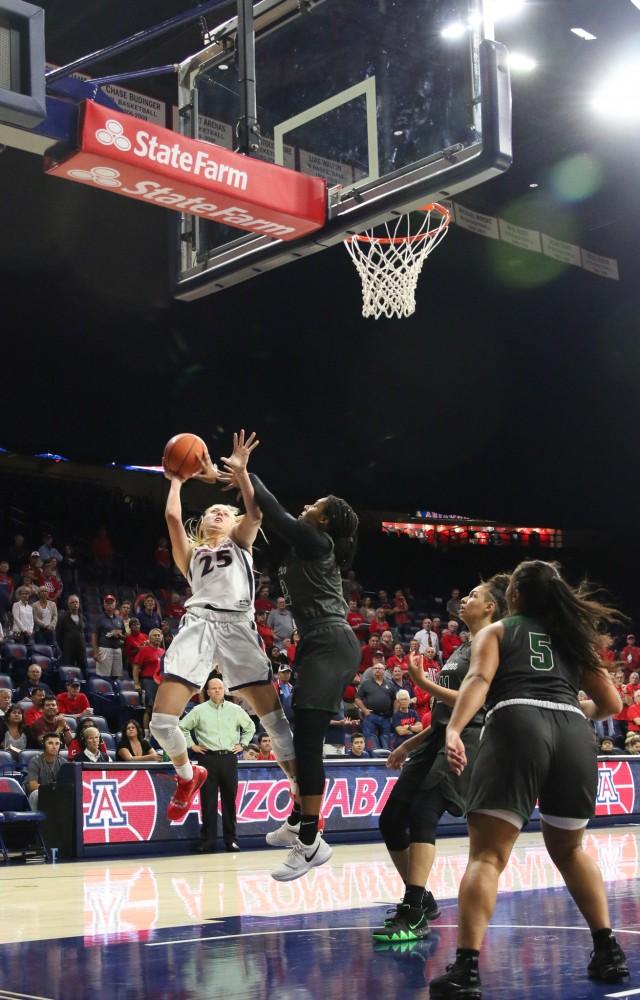 Arizona's freshman forward, Cate Reese scores for the Wildcats during the game against Eastern New Mexico on Monday, October 29. The final score was a 88-31, a win for the Wildcats.