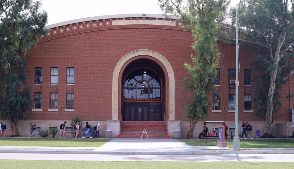 A frontal view of Bear Down Gymnasium on the south side of the UA Mall opened in 1926. It was home to the University of Arizona Wildcats basketball team and was replaced when the McKale Center opened in 1973. It is listed on the National Register of Historic Places.
