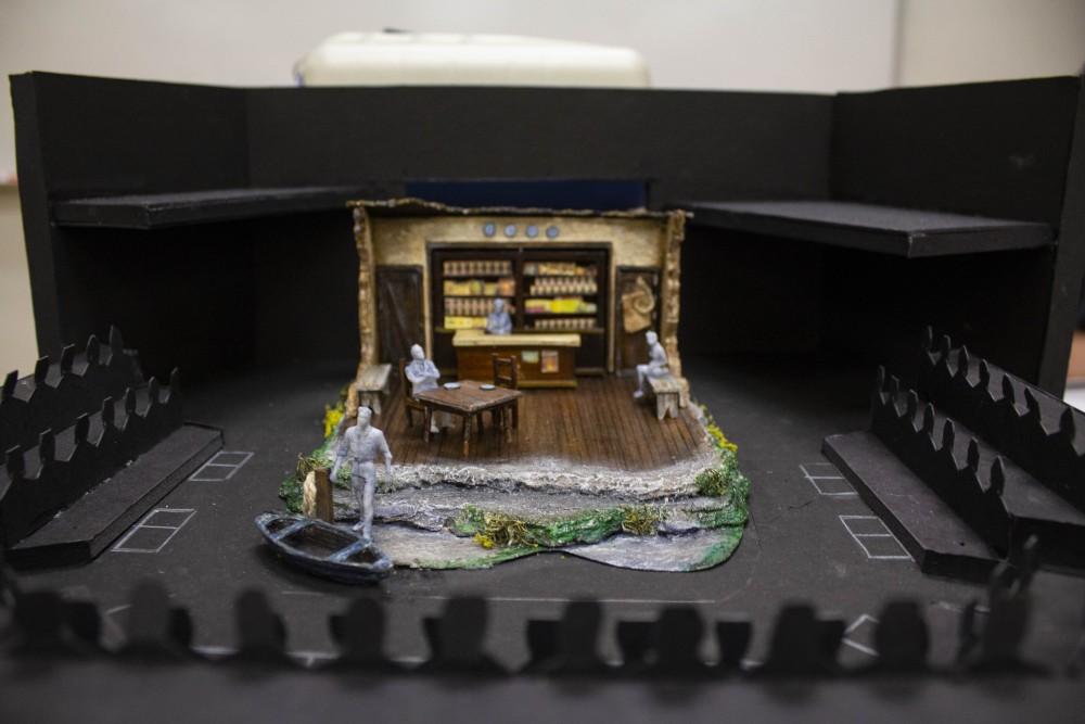 A miniature replica of what the stage will look like for The Cripple of Inishmaan sits in the rehearsal room for actors to view for reference. A model like this is made for every play that the Repertory Theatre produces.