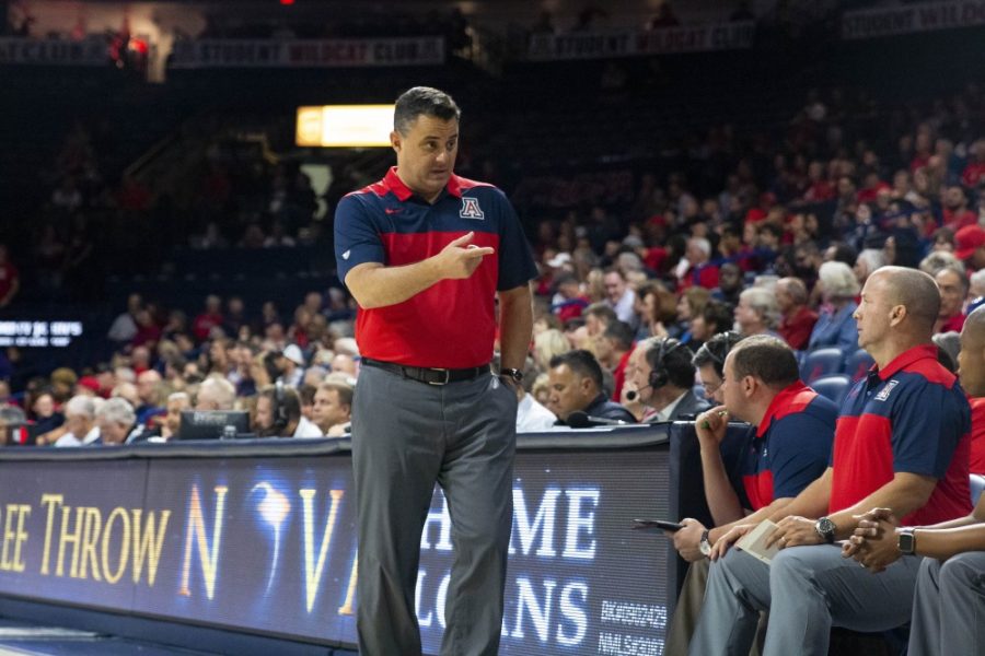 UA Mens Basketball Head Coach, Sean Miller, communicates information to his team during the Arizona-West New Mexico University game on Tuesday, Oct. 30 at the McKale Center in Tucson, Ariz.