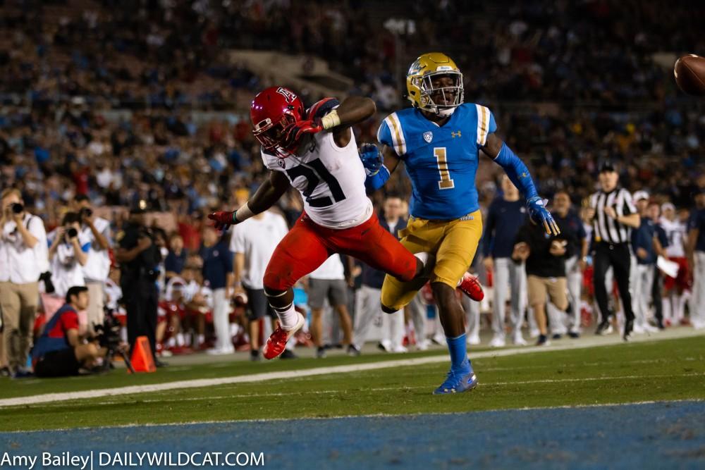 Arizona running back J.J. Taylor (21), falls in the end zone after a fumble during the second quarter of the Arizona-UCLA game at Spieker Field on Oct. 20, 2018 at the Rose Bowl in Pasadena, CA. The game ended with Arizona losing 31-30 