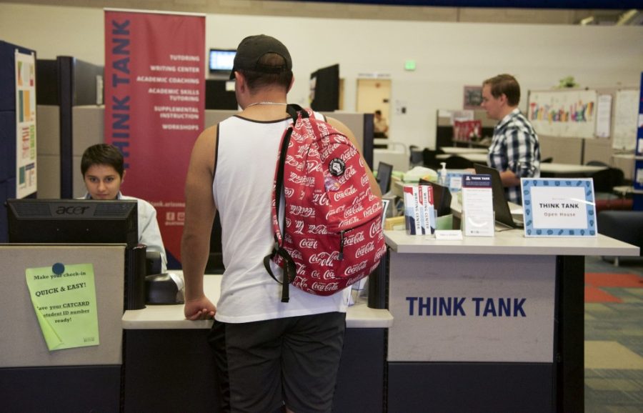 UA student checking into the Think Tank at Bear Down Gymnasium on Friday, October 5, 2018 in Tucson, Ariz. The Think Tank is open to all students that need tutoring or advising. Students may also receive one-on-one tutoring for writing help. 