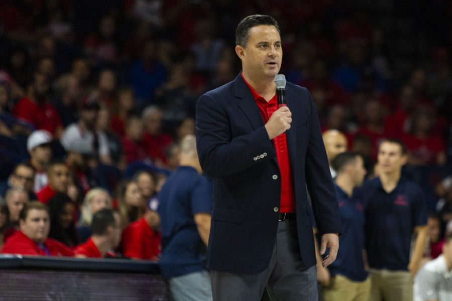 Sean Miller, head coach of the Arizona mens basketball team, welcomes the fans to the Red-Blue game on Sunday, Oct. 14, 2018, in McKale Center in Tucson, Ariz.