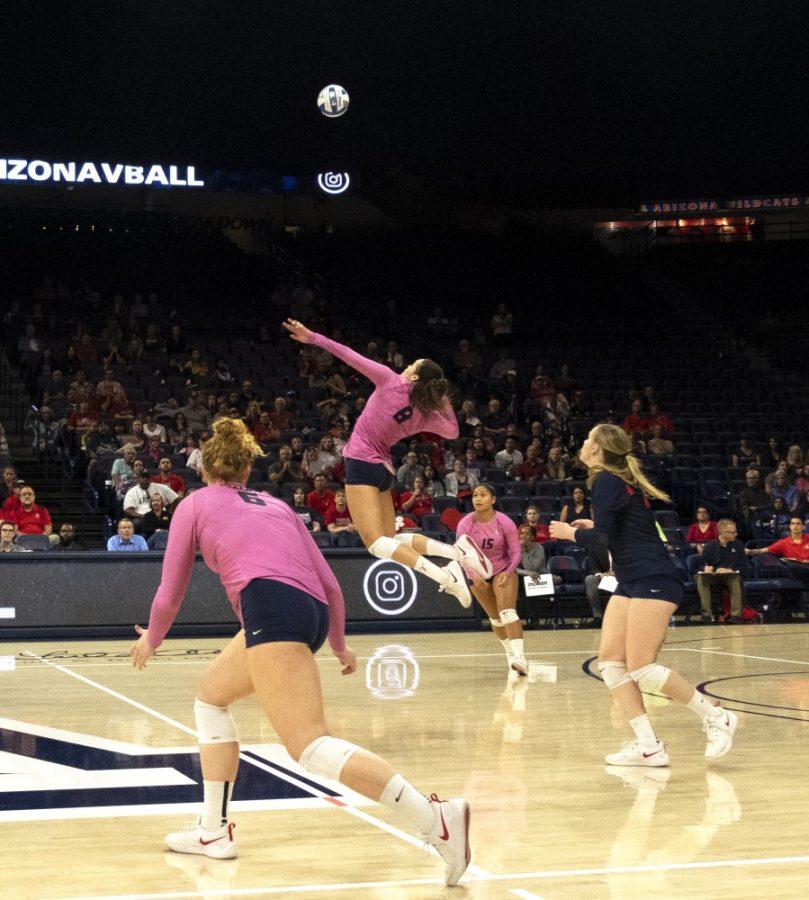 Kendra+Dahlke+%2813%29+jumps+up+for+a+spike+during+Arizona%26%238217%3Bs+game+against+Washington+State+on+Sunday%2C+Oct.+7+at+the+McKale+Center+in+Tucson%2C+Ariz.+Washington+won+the+match+3-2.