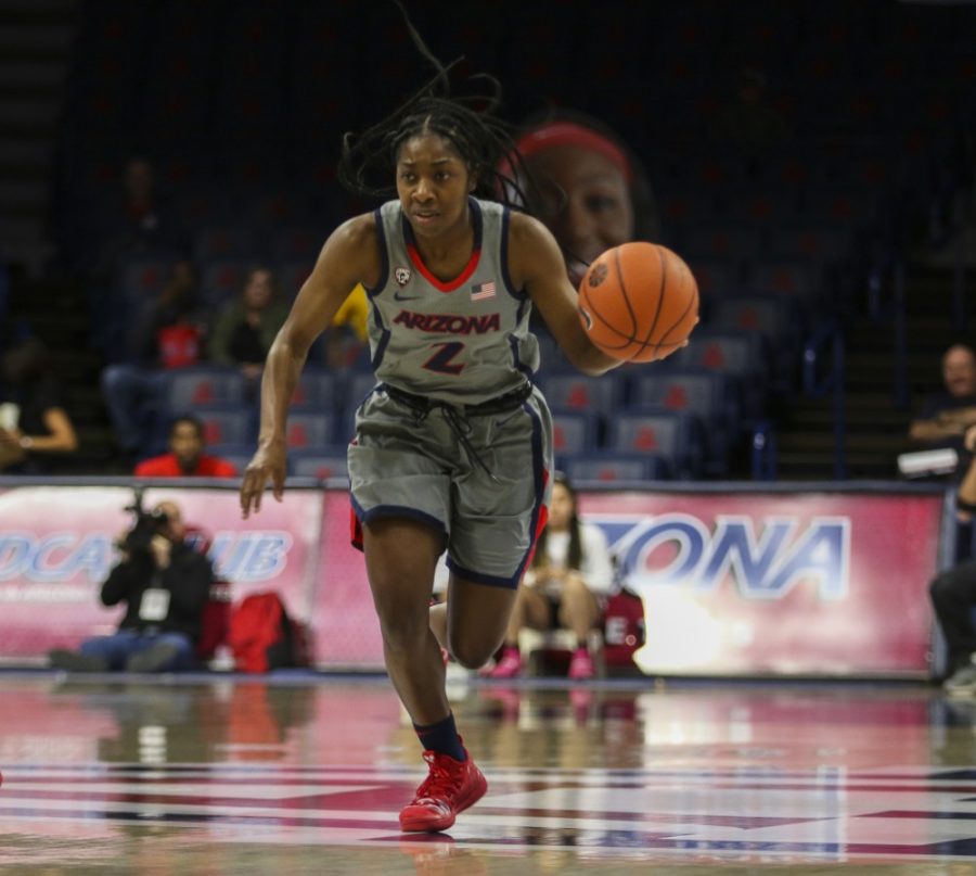 Aari+McDonald+%282%29+runs+the+ball+down+the+court+in+an+attempt+to+score+against+LMU.+UA+played+against+the+Loyola+Marymount+Lions+on+November+14th+in+the+McKale+Center%2C+losing+66-64+after+nearly+taking+the+lead+in+the+last+minute.
