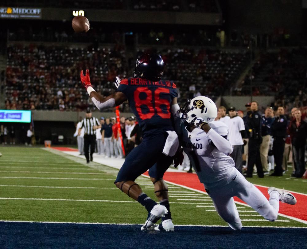 Stanley Berryhill the 3rd catches the incoming ball from Khalil Tate (14), scoring another touchdown from the Wildcats during the Arizona-Colorado game on Nov. 2, 2018 at Arizona Stadium in Tucson, Az.