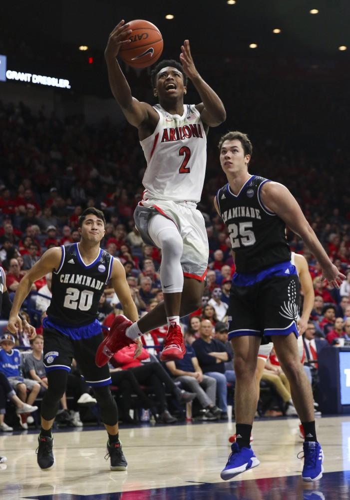 Arizona's Brandon Williams, 2, goes up for the layup during the Arizona-Chaminade exhibition game on Sunday, Nov. 4 at the McKale Center in Tucson, Ariz.