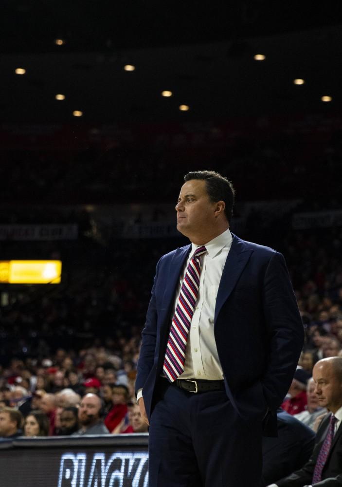 Sean Miller, head coach of the UA basketball team, watches his team in action during the Arizona-UTEP game on Wednesday, Nov.14, 2018 at the McKale Center in Tucson, Ariz.