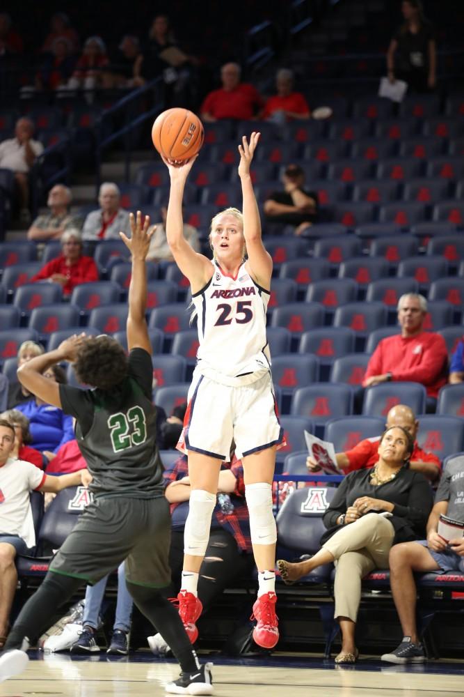 October 29, 2018.  Freshman forward Cate Reese (25) during the Wildcats 88-31 exhibition win over the Eastern New Mexico Greyhounds.  McKale Center, Tucson, AZ.