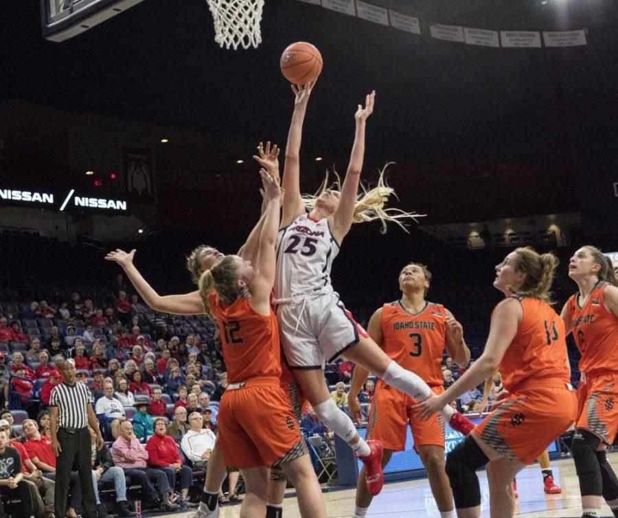 Cate Reese (25) gets blocked by Idaho during the second half of the Arizona-Idaho State game on Nov. 5, 2018 