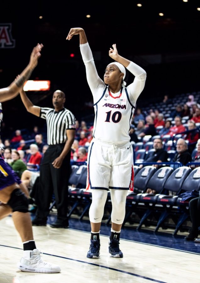 Arizona forward Tee Tee Starks (10) throws the ball at the basket, scoring another point for the Wildcats. 