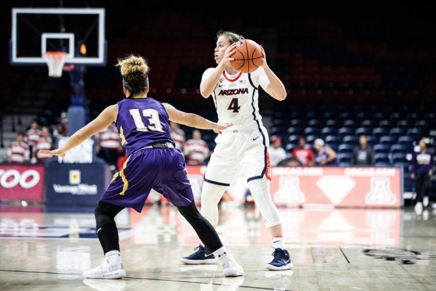 7553- Arizona womens basketball guard Lucia Alonso (4) looks to pass to her teammates during the second quarter of the Arizona-Western game at McKale Stadium on Monday, November 5, 2018, in Tucson, AZ.