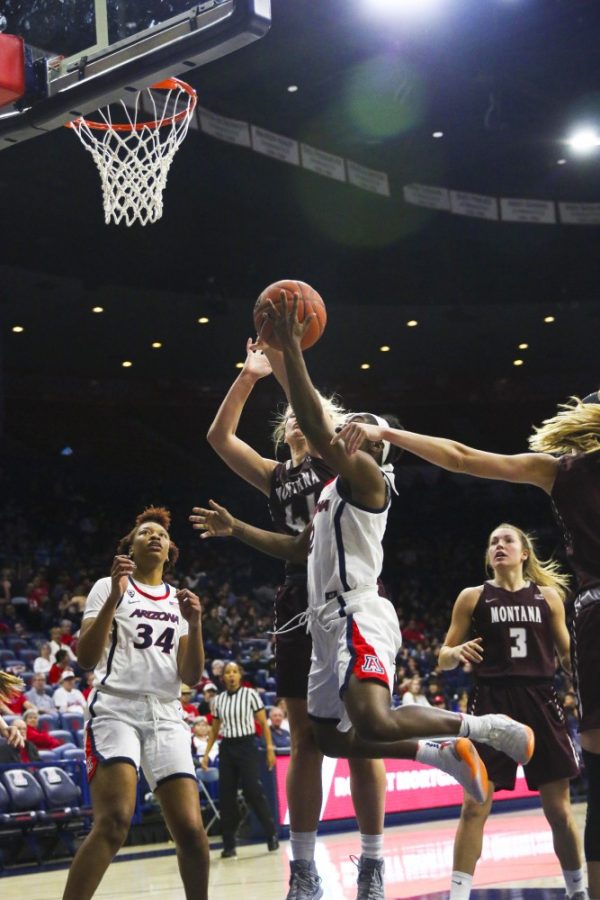 Arizonas sophomore guard Aari Mcdonald scores for the Wildcats during the game against University of Montana on December 5, 2018. The final score was a 100-51, a win for the Wildcats.