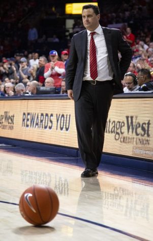 Arizona Men's Basketball Head Coach, Sean Miller, watches his team after a foul during the Arizona-Baylor game on Saturday, Dec. 15 at the McKale Center in Tucson, Ariz.