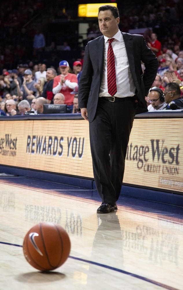Arizona Men's Basketball Head Coach, Sean Miller, watches his team after a foul during the Arizona-Baylor game on Saturday, Dec. 15 at the McKale Center in Tucson, Ariz.