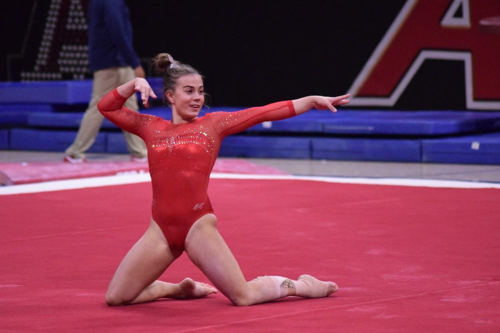 Gymnast Maddi Leydin performing her floor routine at the Gymnastics Showcase at the University of Arizona. Leydin came to the U of A from  a school in Australia