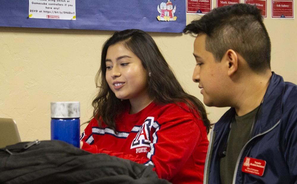 Kimberlyn Guzman, senior, left, and Mark Almanza, junior, right, hang out at the Transfer Student Center on Friday, Jan. 25, 2019. Both Guzman and Almanza work as a Transfer Student Assistants. Guzman is studying Communication. and Almanza photography.