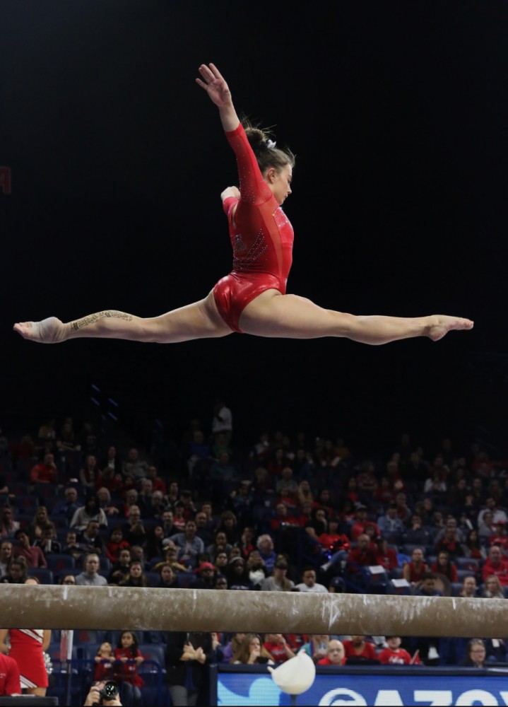 UA gymnast Maddi Leydin performs her routine on the balance beam during the UA vs Stanford meet on Jan. 18 in McKale Center. 