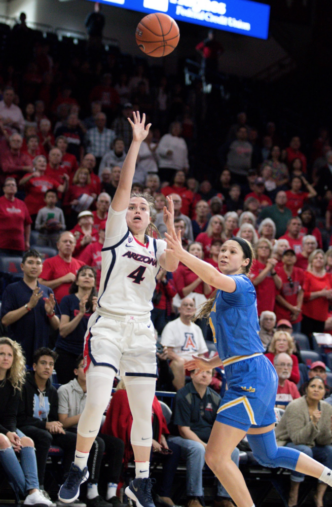 Lucia Alonso (4) shoots the ball from the side of the court during the first half of the Arizona-UCLA game on Sunday January 28, 2019 in the McKale Center.  The Wildcats lost 98-93. 