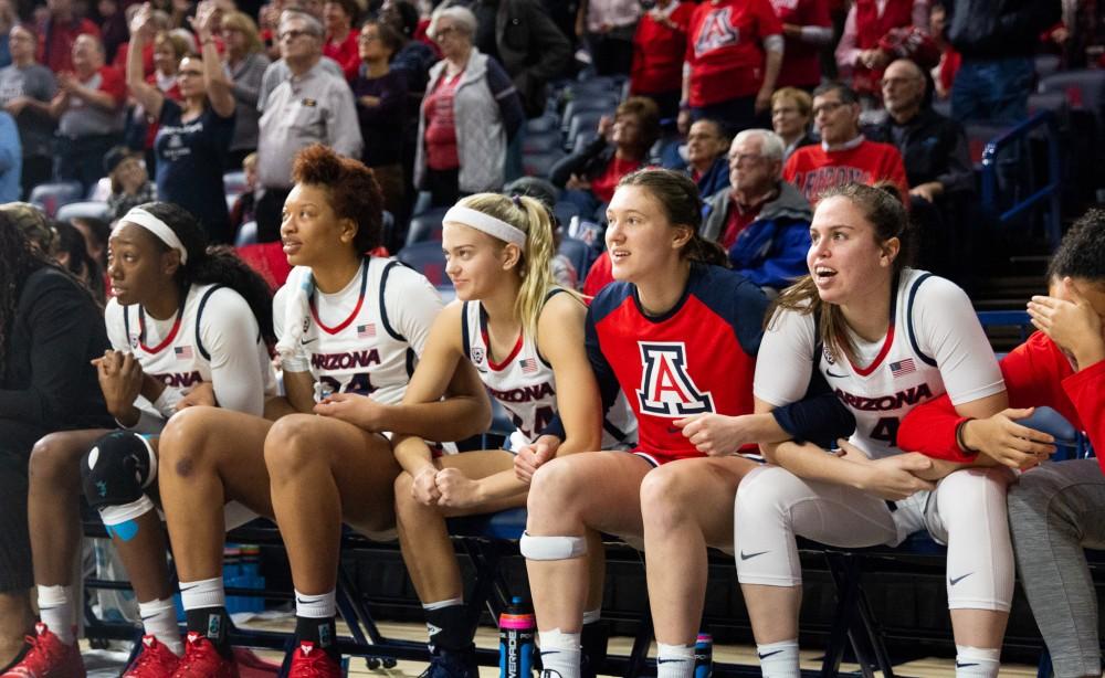 The team watches on the sidelines as their teammate Tee Tee Starks shoots free throws in the final moments of the game against USC on Friday, Jan. 25 at McKale Center. 