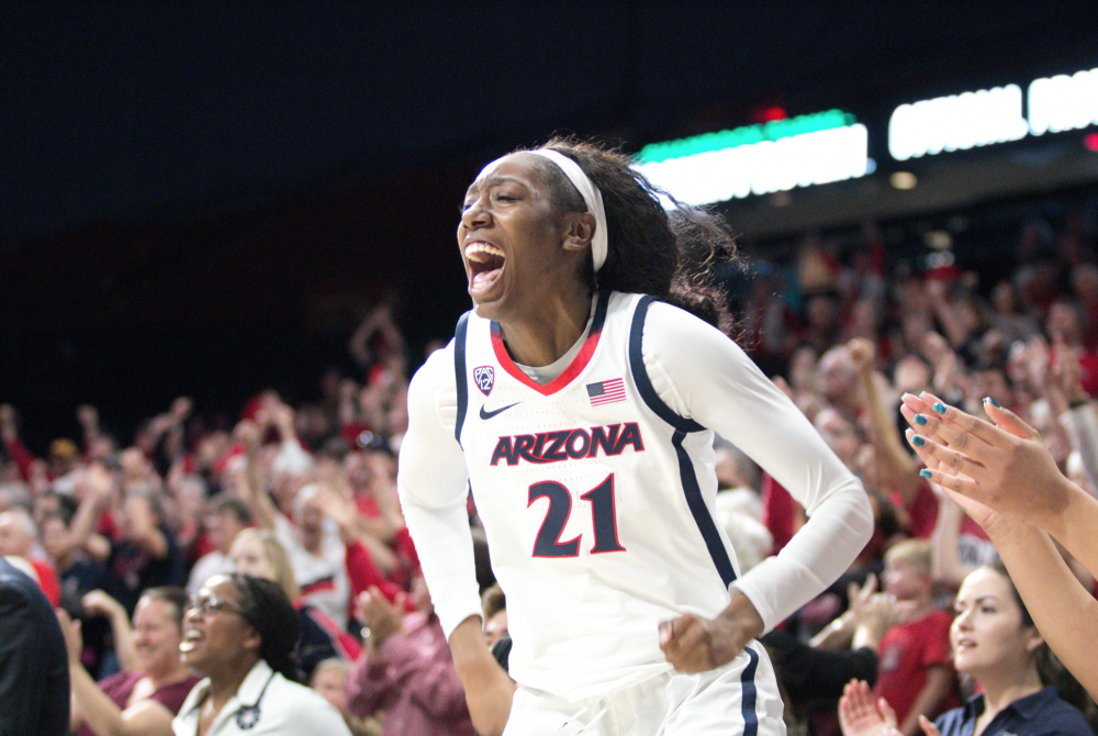 Destiny Graham (21) cheers on the Wildcats during the second half of the Arizona-UCLA game on Sunday January 28, 2019 in the McKale Center.  The Wildcats lost 98-93. 