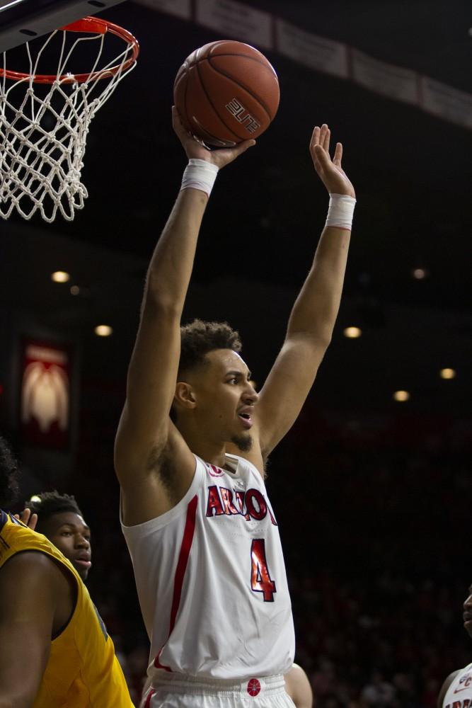 Arizona's Chase Jeter (4) complains about a foul call during the Arizona-California game on Thursday, Feb. 21, 2019 at the McKale Center in Tucson, Ariz.