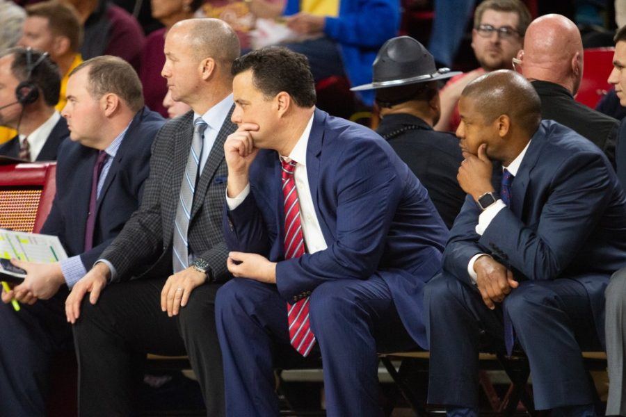 Sean Miller watches the game on the sideline during the game against ASU on Thursday, Jan. 31 at Wells Fargo Arena. Arizona was beaten by ASU in overtime 95-88. 