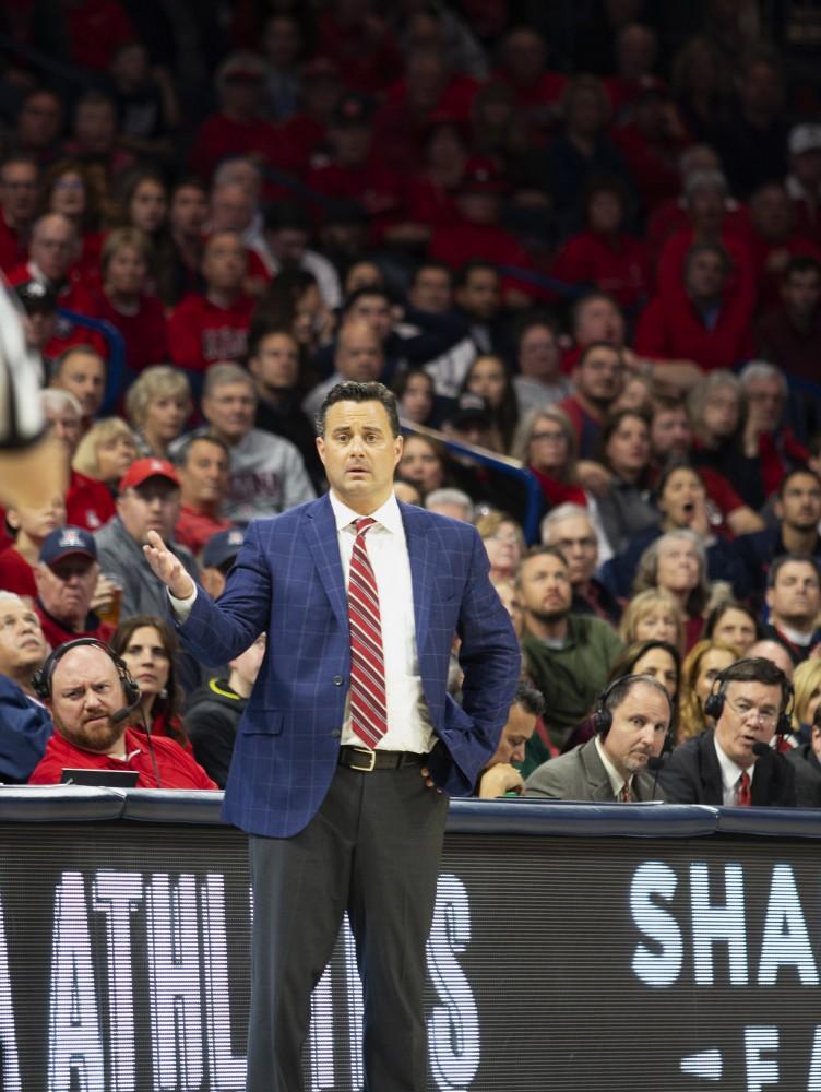 Sean Miller looks confused after the ref called a foul on Chase Jeter during the Arizona-Washington game at the McKale Memorial Center on Thursday, Feb. 9, 2019 in Tucson, Az. At the end of the game, the Wildcats lost 67-60. 