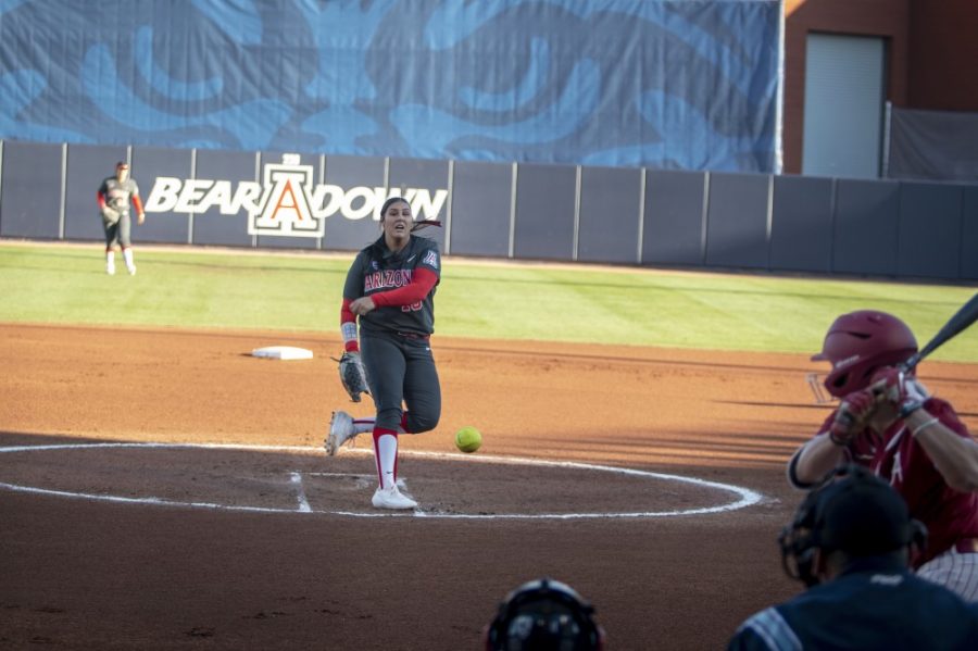 During the second inning, Taylor McQuillin (18) pitches during the Arizona-Alabama on Saturday Feb. 16 in Tucson, Ariz. in the Hillenbrand Stadium. The Wildcats lost to Alabama 1-6.