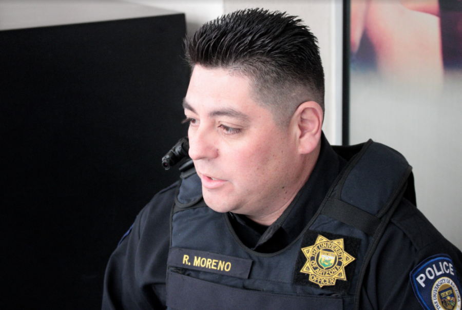 Ramon+Moreno%2C+an+officer+for+the+University+of+Arizona+Police+Department%2C+talks+about+active+shooter+trainings+that+the+department+gives+and+the+importance+of+being+prepared+in+an+emergency.+Moreno+will+be+giving+an+active+shooter+information+session+to+the+School+of+Theatre+Film+and+Television+on+Friday%2C+Feb.+22+from+9%3A00+a.m.+to+10%3A00+a.m.+in+the+Marroney+Theatre.+