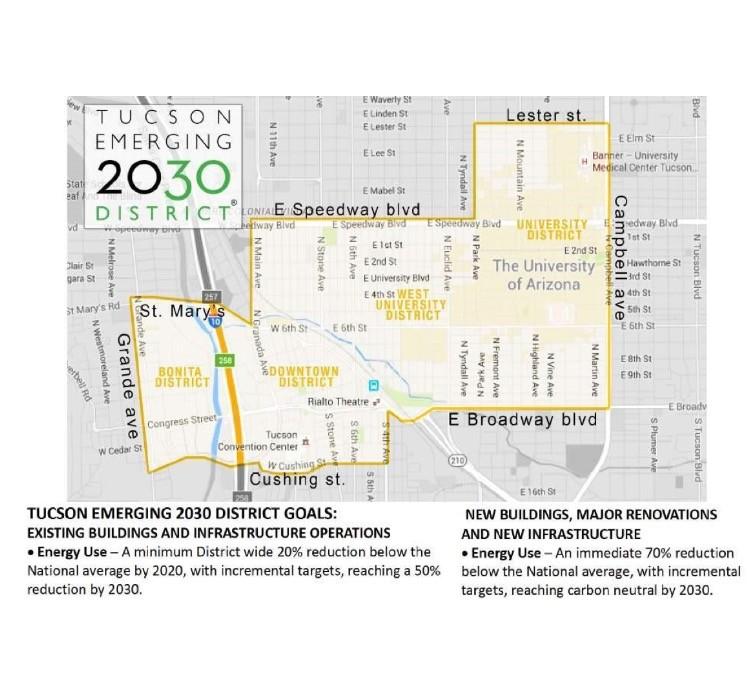 This map shows where the renovations to increase sustainability will take place under the 2030 District plans.