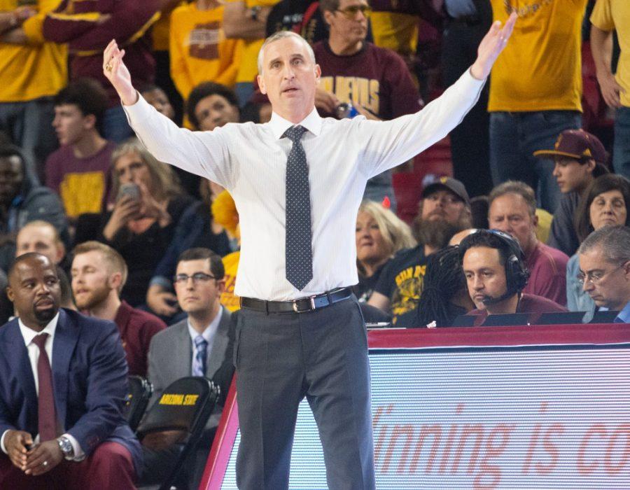 ASUs+head+coach+Bobby+Hurley+encourages+the+crowd+to+make+noise+while+an+Arizona+player+does+free+throws+during+the+game+on+Thursday%2C+Jan.+31+at+Wells+Fargo+Arena.+Arizona+lost+to+ASU+in+overtime+95-88.%26nbsp%3B