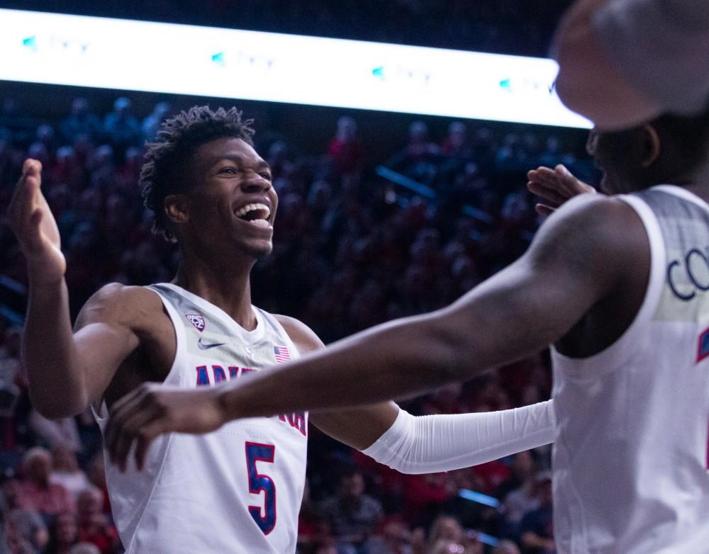 Brandon Randolph (5) celebrates Stanford getting an offensive foul during the game on Sunday, Feb. 25 at McKale Center. Arizona won the game with a final score of 70-54. 