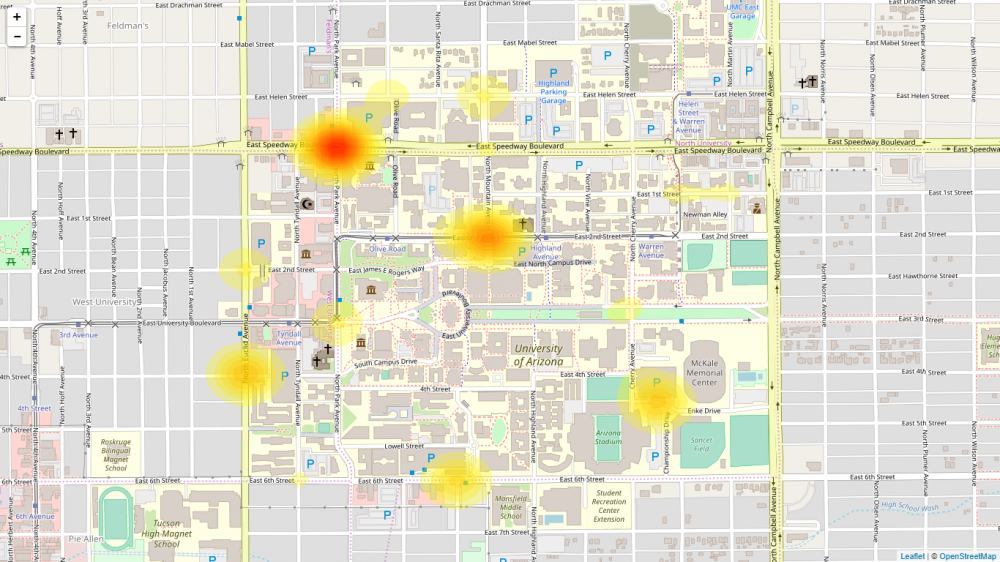 Heat map of the University of Arizona campus showing accidents. The red indicates a higher prevalence of accidents at a given intersection.