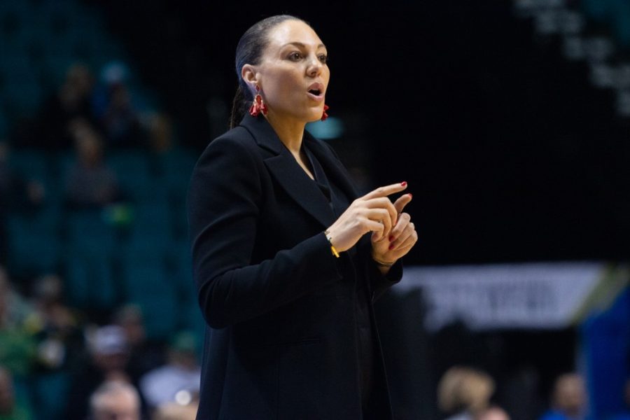 Coach Adia Barnes calls a timeout and talks to her players during the game against Oregon in the second round of the Pac-12 tournament on Friday, March 8 at the Grand Garden Arena in Las Vegas, Nevada. 